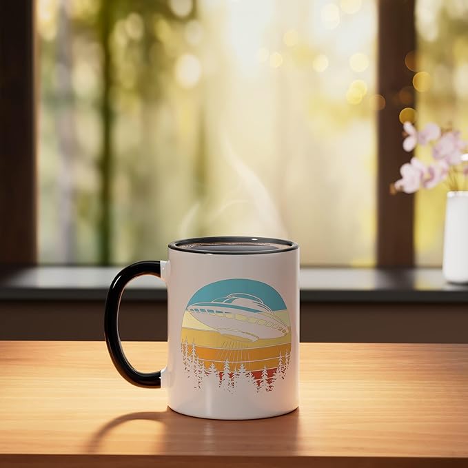 Alien UFO Flying Saucer Abduction Retro Ceramic Mug, Black/White