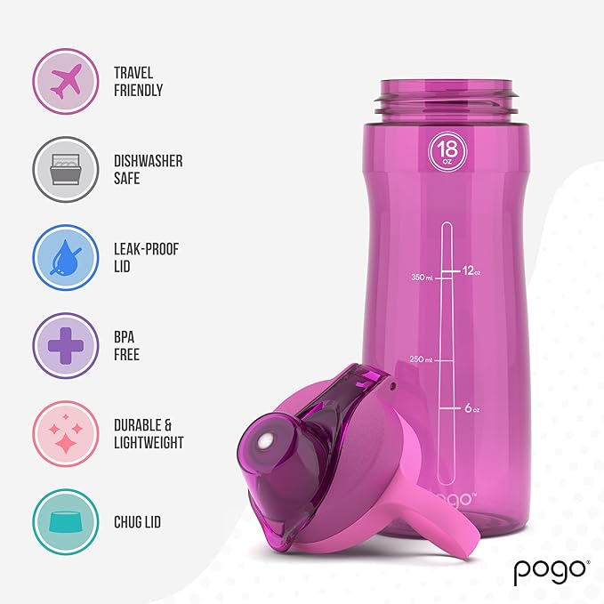 Pogo Plastic Water Bottle with Chug Lid and Carry Handle, Reusable, BPA Free, Dishwasher Safe, Perfect for Travel, School, Outdoors, and Gym | 18oz, 32oz, 40oz, 64oz