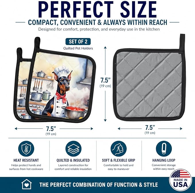 Caroline's Treasures Doberman Pinscher The Chef Pair of Pot Holders Kitchen Heat Resistant Pot Holders Sets Oven Hot Pads for Cooking Baking BBQ, 7 1/2 x 7 1/2