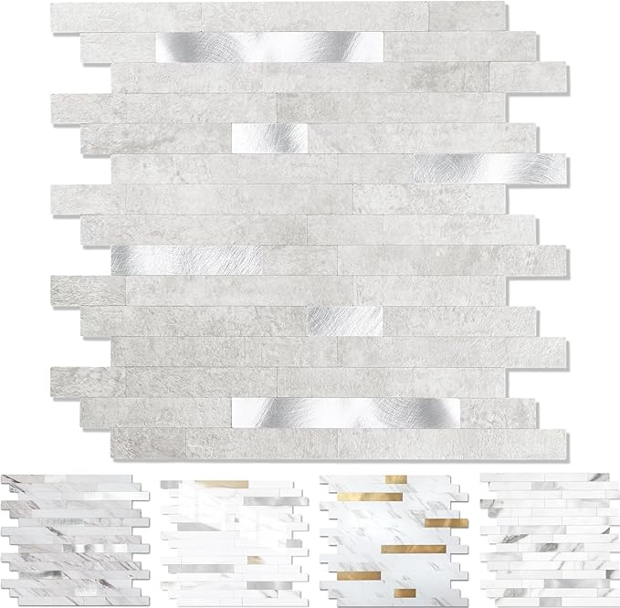 1 - Sheet Peel and Stick Backsplash Wall Tile, PVC Kitchen Backsplash, Stick on Tiles for Backsplash Kitchen (12'' X 12'', White Gray)
