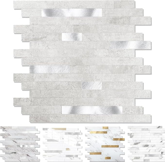 1 - Sheet Peel and Stick Backsplash Wall Tile, PVC Kitchen Backsplash, Stick on Tiles for Backsplash Kitchen (12'' X 12'', White Gray)