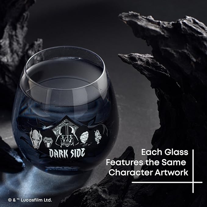 JoyJolt Star Wars Dark Side Stemless Drinking Glasses Set of 4, 15 oz Tumblers, Kitchen Glasses ft. General Grievous, Kylo Ren, Darth Vader, Emperor Palpatine, Darth Maul