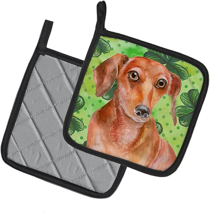 Caroline's Treasures BB9881PTHD Red Dachshund St Patrick's Pair of Pot Holders, Green Kitchen Heat Resistant Pot Holders Sets Oven Hot Pads for Cooking Baking BBQ, 7 1/2 x 7 1/2