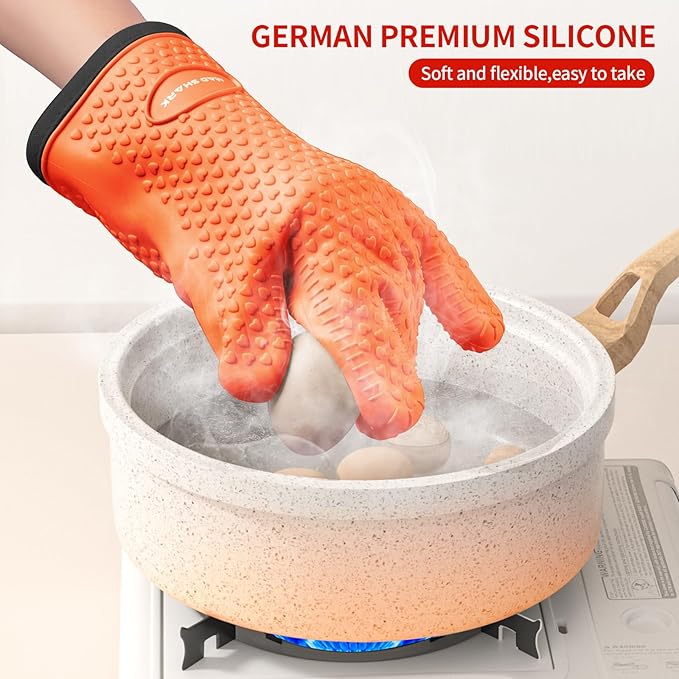 MAD SHARK Silicone Oven Mitts Heat Resistant 450°F with Waterproof & Non-Slip Oven Gloves with Fingers, Silicone Oven Gloves Kitchen Mittens for Baking Cooking Barbecue (Orange)