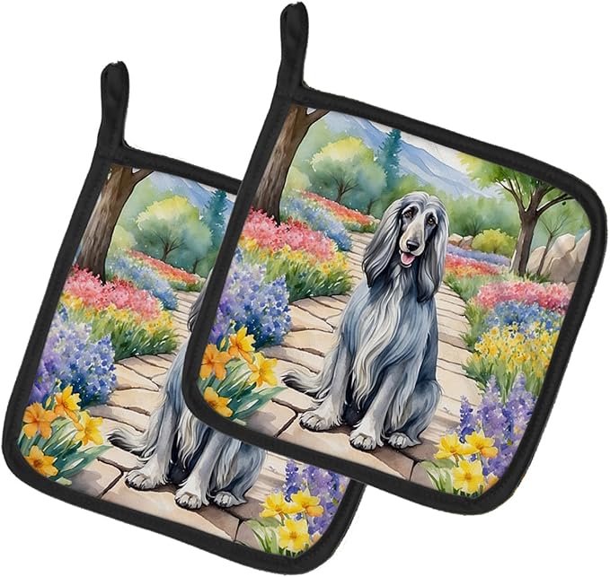 Caroline's Treasures Afghan Hound Spring Garden Pair of Pot Holders Kitchen Heat Resistant Pot Holders Sets Oven Hot Pads for Cooking Baking BBQ, 7 1/2 x 7 1/2