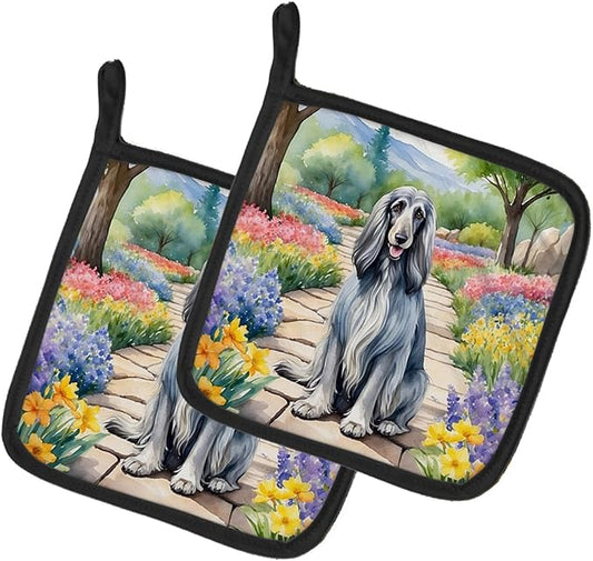 Caroline's Treasures Afghan Hound Spring Garden Pair of Pot Holders Kitchen Heat Resistant Pot Holders Sets Oven Hot Pads for Cooking Baking BBQ, 7 1/2 x 7 1/2