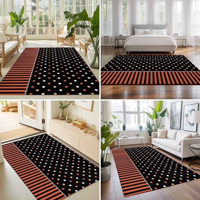 Area Rug 9x12ft, Halloween Polka Dots Orange Stripes Washable Rugs for Living Room Bedroom Rectangle Floor Carpet, Seamless Dot on Black Soft Non-Slip Area Rugs for Dining Room