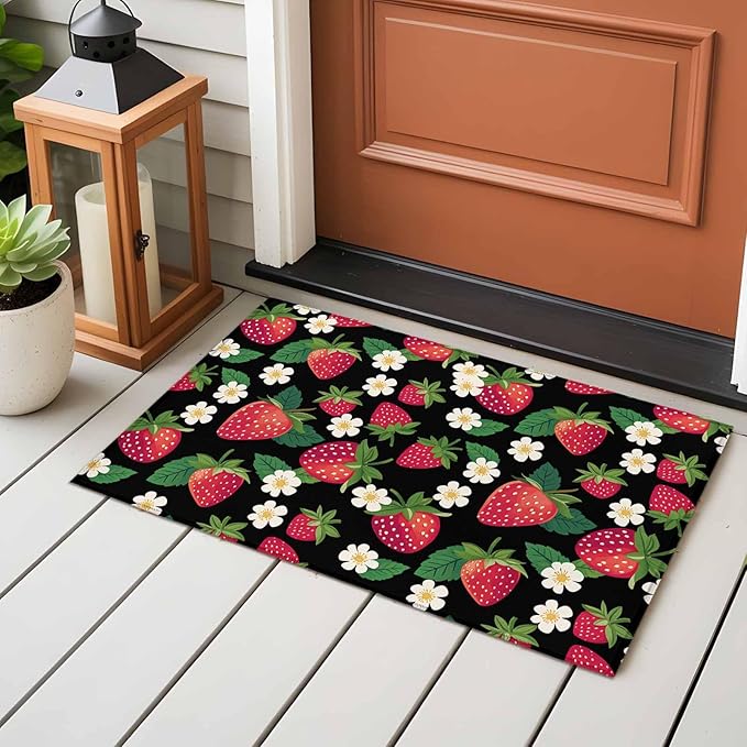 Area Rug 2x3ft, Red Strawberry Litter Flower Leaves on Black Washable Rugs for Living Room Bedroom, Summer Fruit Soft Non-Slip Area Rugs Rectangle Floor Carpet for Dining Room