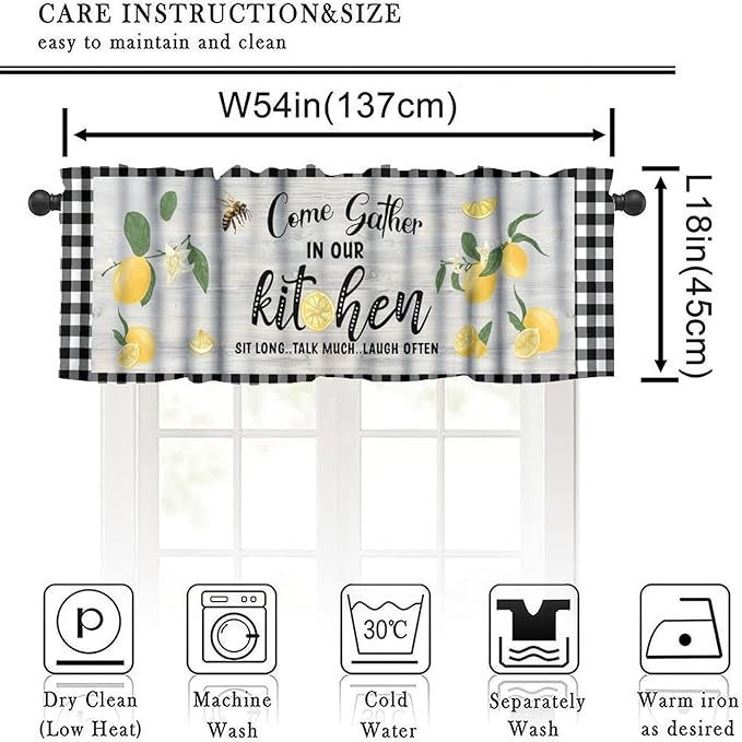 Lemon Kitchen Curtain Valance, Black White Buffalo Plaid Yellow Fruit Print Short Window Drapes for Dining Bedroom Living Room Cafe Resturant, 54x18Inch