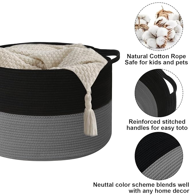 90L Extra Large Blanket Basket,Woven Laundry Basket Hamper with Handles, Decorative Nursery Basket Storage Bin for Toys, Clothes Organizer, Living Room, Bedroom, Bathroom, Black&Dark Grey