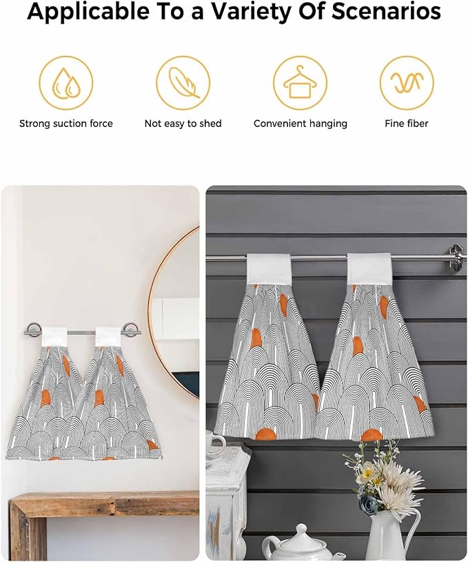 Alandar Home Kitchen Tie Towel Set of 2, Boho Abstract Black White Rounds Stripes Absorbent Soft Hand Towels for Bathroom Hanging Towels, Orange Polka Dots Fast Drying Cleaning Cloth with Loop