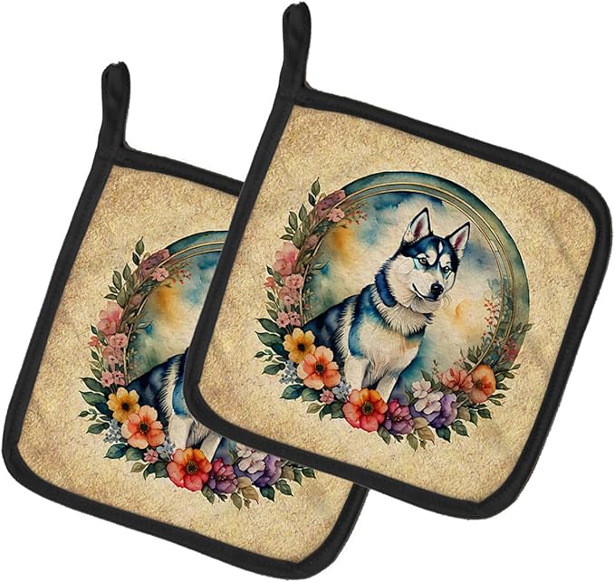 Caroline's Treasures Siberian Husky and Flowers Pair of Pot Holders Kitchen Heat Resistant Pot Holders Sets Oven Hot Pads for Cooking Baking BBQ, 7 1/2 x 7 1/2