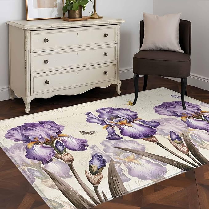 Area Rug 4x6ft, Pastoral Purple Flower Watercolor Washable Rugs for Living Room Bedroom, Country Botanical Butterflies Soft Non-Slip Area Rugs Rectangle Floor Carpet for Dining Room
