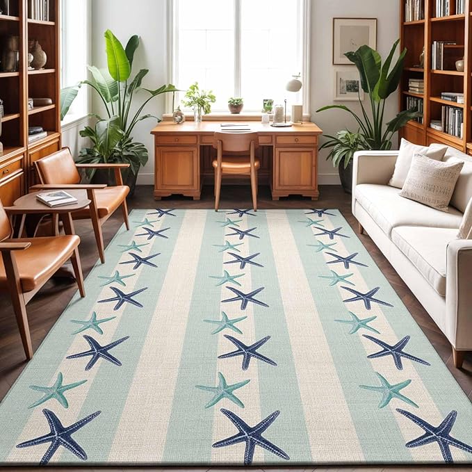 Area Rug 4x6ft, Summer Ocean Blue Teal Starfish Washable Rugs for Living Room Bedroom, Sea Star on Farmhouse Linen Soft Non-Slip Area Rugs Rectangle Floor Carpet for Dining Room