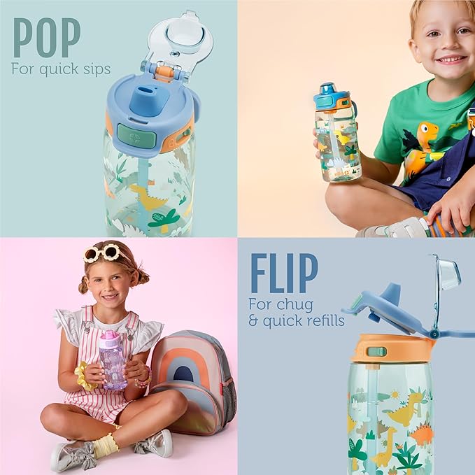 Ello Kids Pop & Fill 16oz Tritan Plastic Water Bottle with Quick Fill Technology, Leak Proof Locking Lid, Sip & Chug, BPA Free, Dishwasher Safe, For School, Lunchboxes, Rainbows