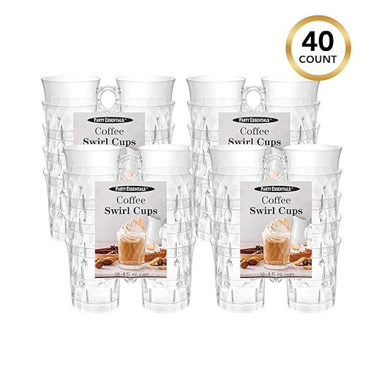 Party Essentials Elegance 8 oz Clear Hard Plastic Coffee & Punch Mugs with Handle – 40-Count Stackable Disposable Cups for Parties, Weddings, Catering, Buffets & Events