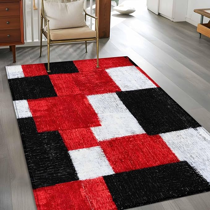 Area Rug 3x5ft, Red Black White Gradient Washable Rugs for Living Room Bedroom, Abstract Color Block Soft Non-Slip Area Rugs Rectangle Floor Carpet for Dining Room