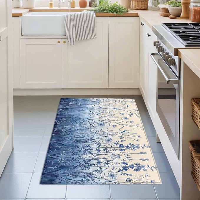 Area Rug 2x3ft, Vintage Boho Blue Wildflowers Meadow Washable Rugs for Living Room Bedroom, Abstract Flower Soft Non-Slip Area Rugs Rectangle Floor Carpet for Dining Room