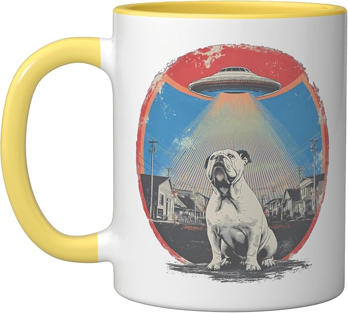 Retro UFO Bulldog Abduction Vintage Sci Fi Alien Invasion Ceramic Mug, Yellow/White