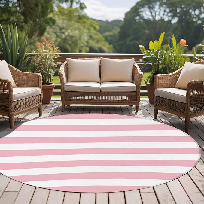 Washable Round Area Rug Pink White Stripe Circle Rugs Floor Carpet for Living Room Bedroom, Classic Geometric Line Soft Non Slip Round Rug 5ft
