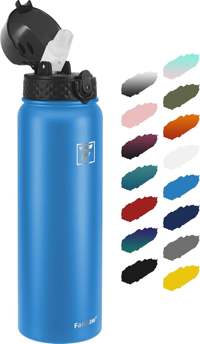 Fanhaw 32 oz Insulated Stainless Steel Water Bottle with Straw Lid, Leakproof Sports Bottle for Men, Women & Teens (Sky Blue)