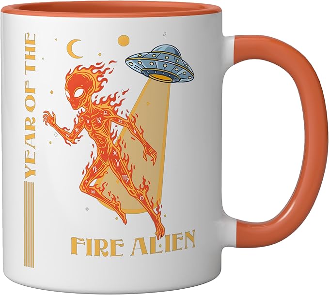 Year of the Fire Alien Chinese Zodiac Celestial Astrology Ceramic Mug, Orange/White