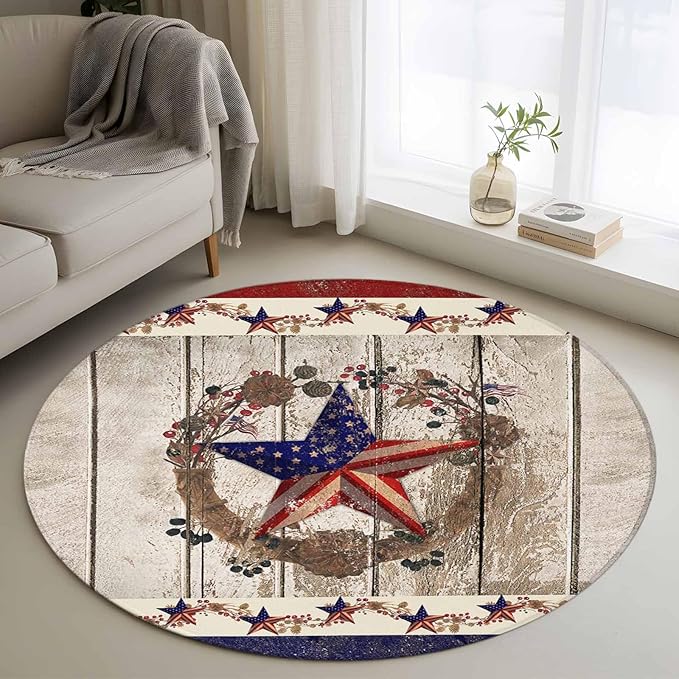 Washable Round Area Rug Retro USA Flag Star and Berry Circle Rugs Floor Carpet for Living Room Bedroom, Wooden Texture Soft Non Slip Round Rug 3ft