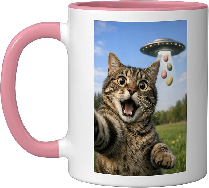 Funny Cat Selfie with Easter Eggs UFO for Men Women Kids Ceramic Mug, Pink/White