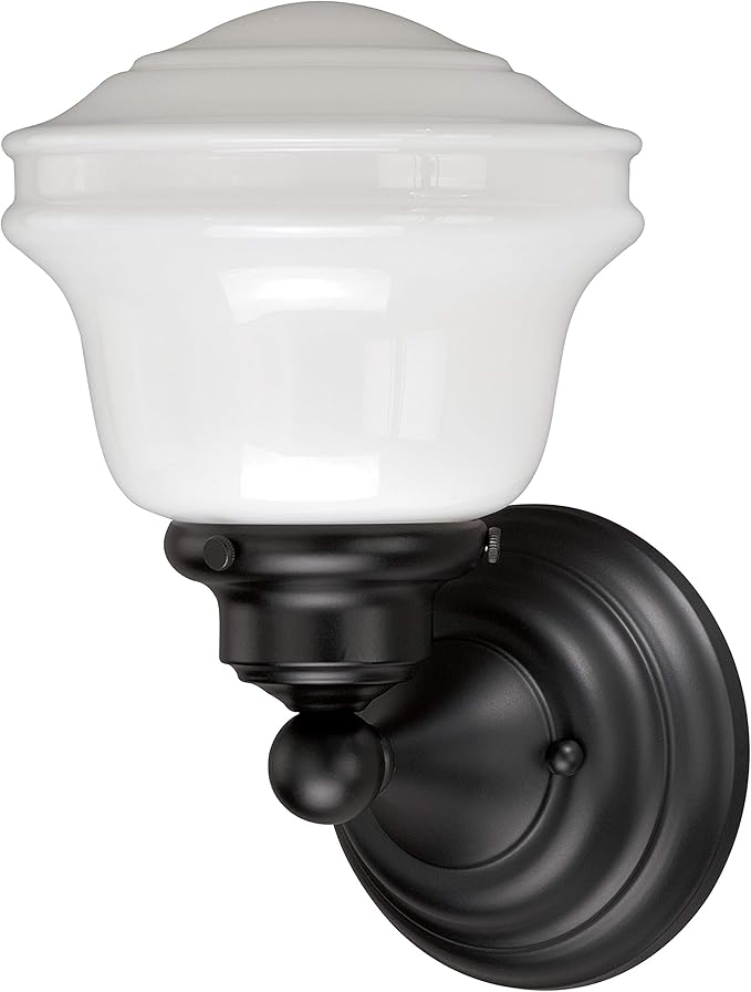 VAXCEL Huntley 1-Light 6.75 inch Wide Oil Rubbed Bronze Farmhouse Bathroom Vanity Lighting Fixture, White Schoolhouse Milk Glass Globe Shade, Dimmable, LED Compatible, Wall Mounted Steel Sconce