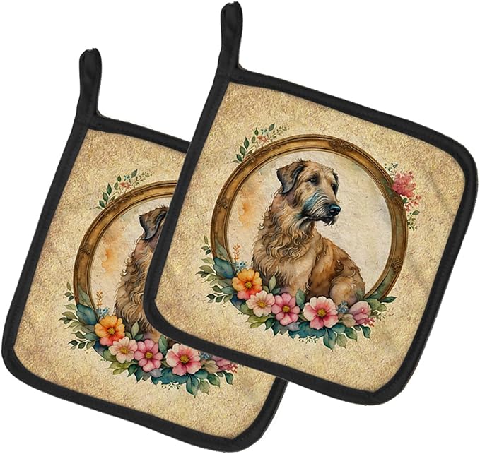 Caroline's Treasures Irish Wolfhound and Flowers Pair of Pot Holders Kitchen Heat Resistant Pot Holders Sets Oven Hot Pads for Cooking Baking BBQ, 7 1/2 x 7 1/2
