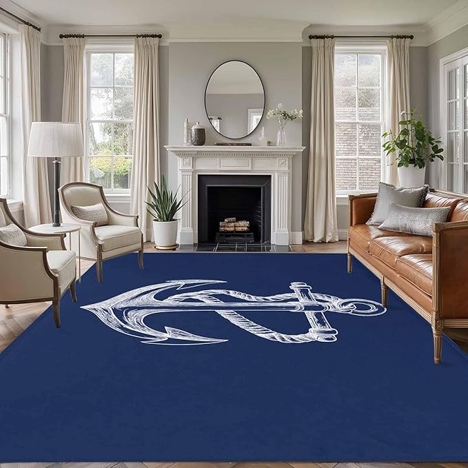 Area Rug 6x9ft, Marine Theme Anchor String Sketch Washable Rugs for Living Room Bedroom, Watercolor Nautical Theme Soft Non-Slip Area Rugs Rectangle Floor Carpet for Dining Room