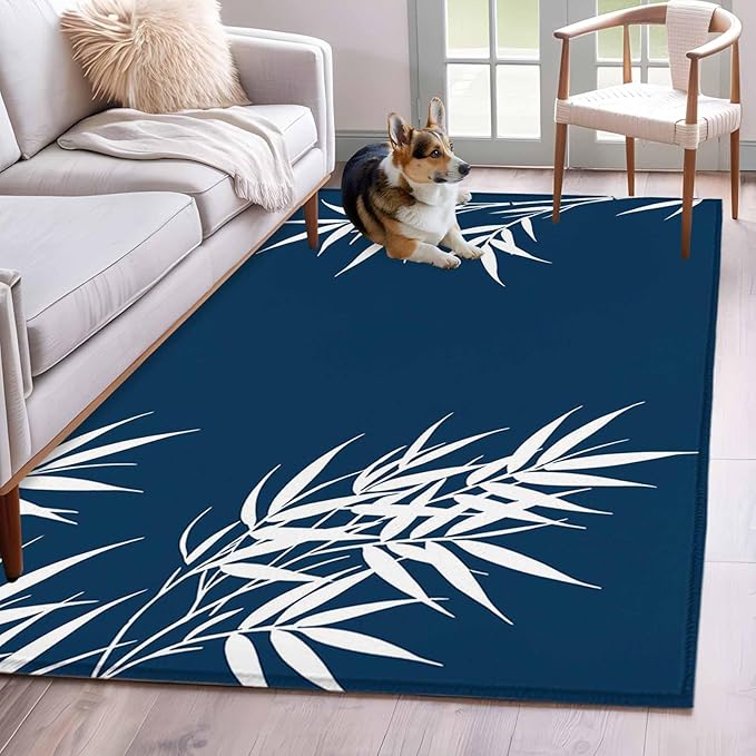 Area Rug 4x6ft, Country Leaf on Dark Blue Washable Rugs for Living Room Bedroom, Botanical Silhouette Minimalist Style Soft Non-Slip Area Rugs Rectangle Floor Carpet for Dining Room