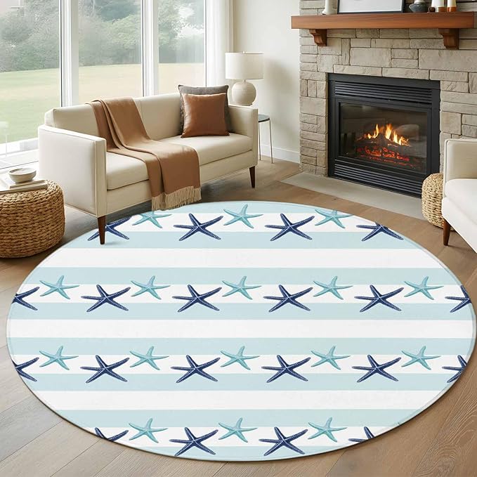 Washable Round Area Rug Summer Coastal Starfish Blue Teal Circle Rugs Floor Carpet for Living Room Bedroom, Watercolor Ocean Theme Stripe Soft Non Slip Round Rug 5ft