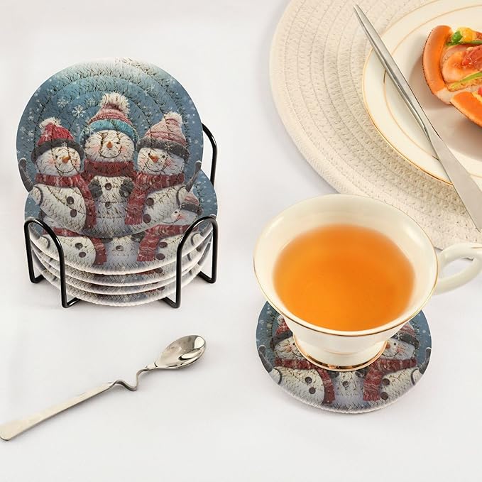 YETTASBIN Christmas Snowman 6 Pcs Drink Coasters with Holder, Cotton Woven Absorbent Heat-Resistant Round Coaster Set Tabletop Protector for Kitchen Bar Home Decor Housewarming Gift, 3.9 in