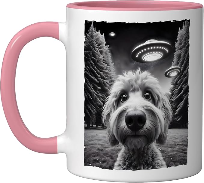 Funny Golden Doodle Selfie UFO Encounters for Dog Lovers Ceramic Mug, Pink/White