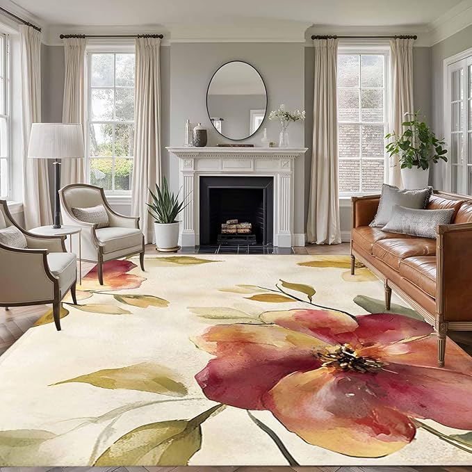 Area Rug 6x9ft, Oil Painting Style Flowers Washable Rugs for Living Room Bedroom, Vintage Country Floral Soft Non-Slip Area Rugs Rectangle Floor Carpet for Dining Room