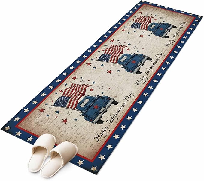 Runner Rug for Bedroom Hallway, Happy Independence Day USA Flag Kitchen Runner Rugs Area Rug 2x6ft, Retro Blue Truck Washable Soft Floor Carpet for Entryway Stair