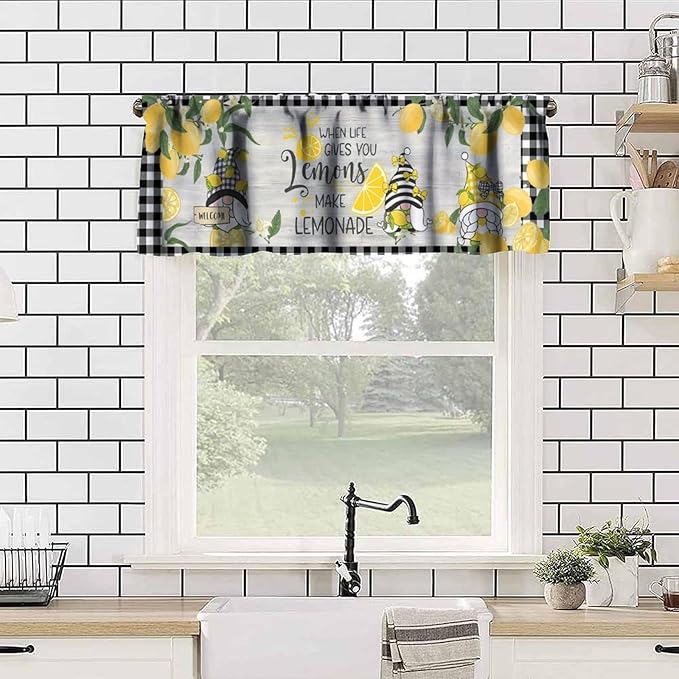 Lemon Gnome Curtain Valance for Kitchen, Yellow Fruit Black White Buffalo Plaid Wooden Farmhouse Decor Window Treatment for Dining Bedroom Living Room Cafe Resturant Home Decoration, 54x18Inch