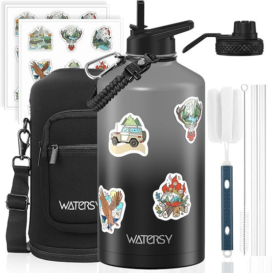 1 Gallon Water Bottle Insulated(Cold for 48 Hrs),BPA Free&Leak Proof,128oz Stainless Steel Water Jug,Large Water Bottle with Straw Spout Lids for Gym,Hiking,Camping&Travel,Grey Black