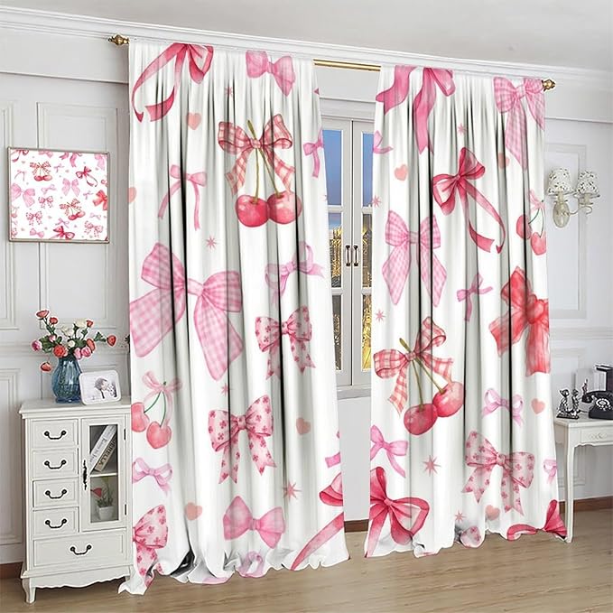 Cherry Blackout Curtain,Pink Bowkont Girl Kids Sweet Aesthetic Fruit Window Treatment Curtains Dining Room Living Room Kitchen Cafe Bedroom Office Drapes,63x72 in