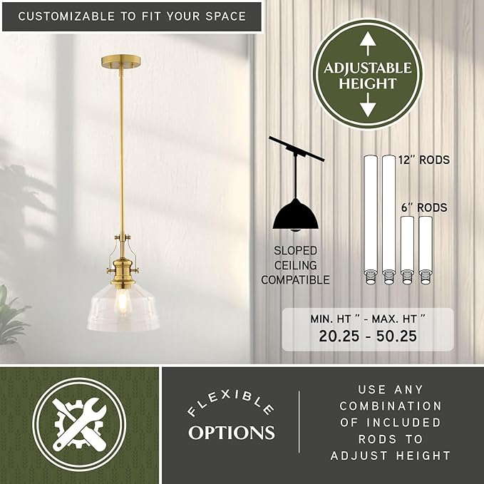 VAXCEL Beloit Brushed Gold Farmhouse Mini Pendant Ceiling Light with Clear Glass Shade, Adjustable Height Fixture Perfect for Kitchen Islands, Dining Rooms, or Living Spaces, LED Compatible, Dimmable