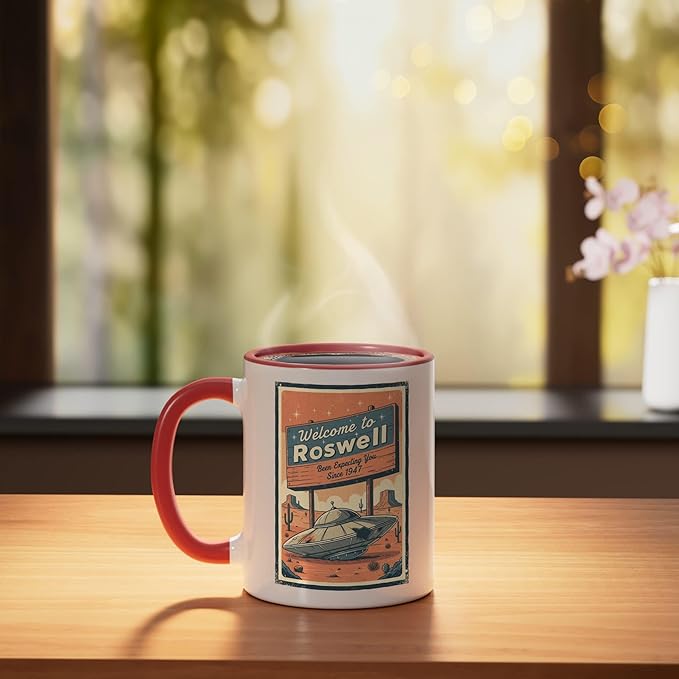 Roswell UFO Retro Tourism Souvenir Flying Saucer Crash Alien Ceramic Mug, Red/White