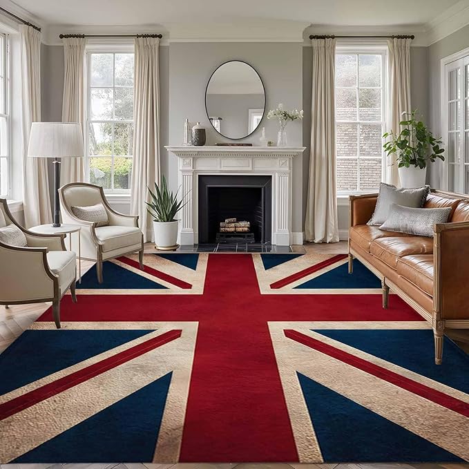 Area Rug 6x9ft, Vintage Union Jack Flag Washable Rugs for Living Room Bedroom, Reerto Flags of The United Kingdom Soft Non-Slip Area Rugs Rectangle Floor Carpet for Dining Room