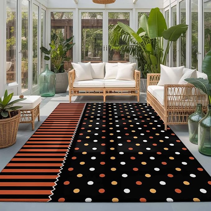 Area Rug 3x5ft, Halloween Polka Dots Orange Stripes Washable Rugs for Living Room Bedroom, Seamless Dot on Black Soft Non-Slip Area Rugs Rectangle Floor Carpet for Dining Room