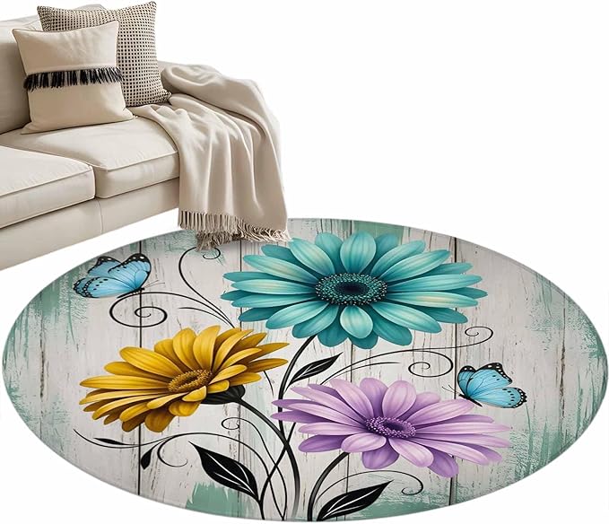 Washable Round Area Rug Farm Flower Daisy Retro Wood Barn Circle Rugs Floor Carpet for Living Room Bedroom, Blossom Flower Butterfly Soft Non Slip Round Rug 3ft