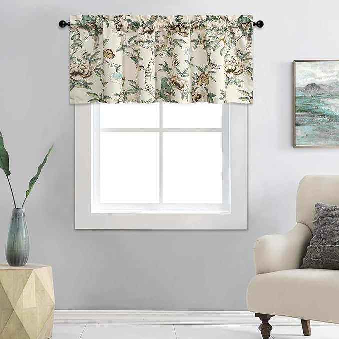 Leeva Flower Botanical Kitchen Valance, Prevent Glare Decorative Print Window Treatment, Farmhouse Style Valance for Bedroom, Rod Pocket, W 52 x L 18 Inches