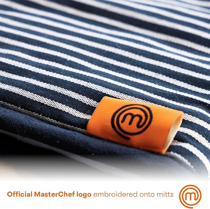 MasterChef Oven Mitts Heat Resistant, Set of 2 Baking Gloves, Machine Washable Cotton Kitchen Mittens for Stove Cooking & BBQ Grilling, Hot Proof Pot Holders, One Size Fits All, Elite Black