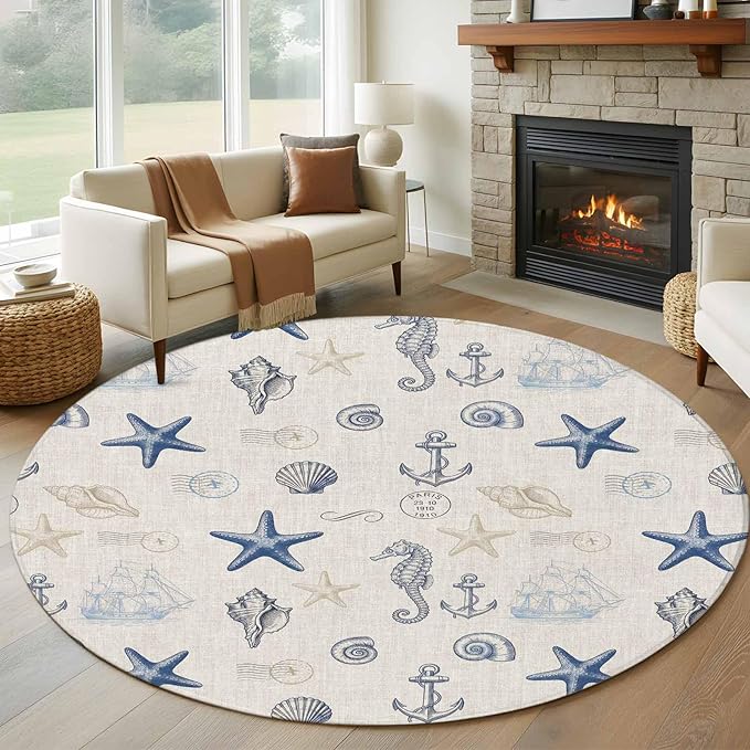 Washable Round Area Rug Coastal Seahorse Starfish Shell Conch Circle Rugs Floor Carpet for Living Room Bedroom, Vintage Nautical Anchor Soft Non Slip Round Rug 5ft
