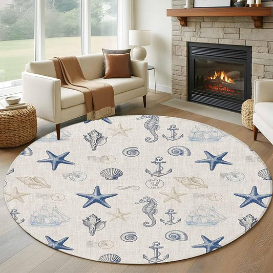 Washable Round Area Rug Coastal Seahorse Starfish Shell Conch Circle Rugs Floor Carpet for Living Room Bedroom, Vintage Nautical Anchor Soft Non Slip Round Rug 5ft