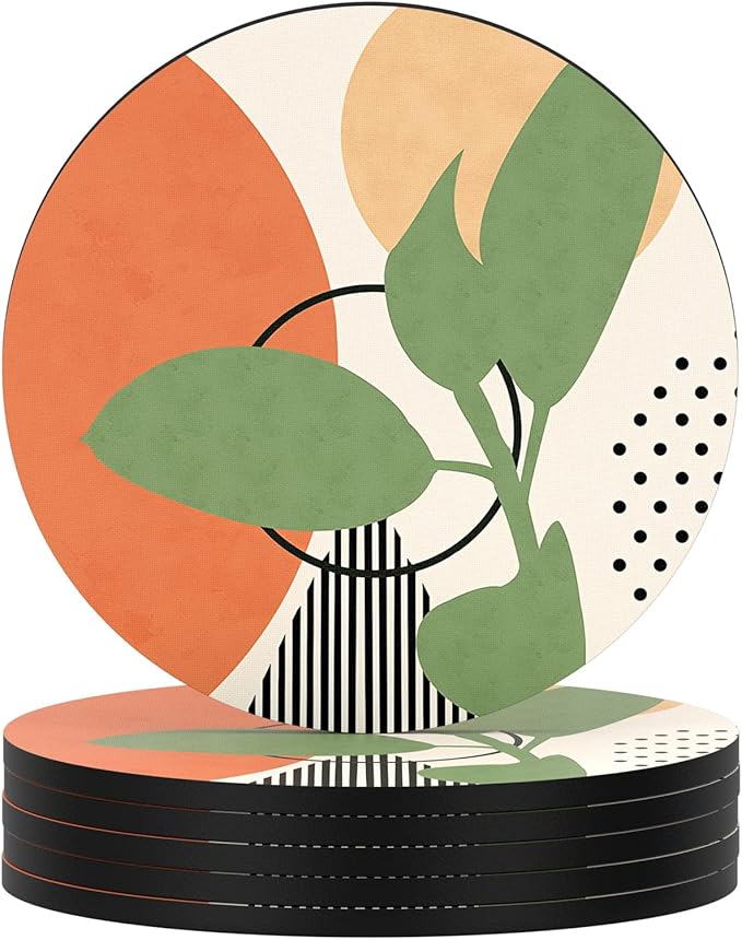 Nipichsha Coasters for Drinks, Set of 6 Cute Absorbent Rubber Drink Coasters for Cup with Non Slip Backing, Kitchen Home Decor Housewarming Gift, Round 4 in, Modern Abstract Art